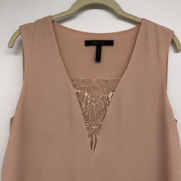 BCBGMaxAzria Light Peach Pink Mishelle Lace Insert V-Neck Chiffon Tank size XS - Picture 6 of 15